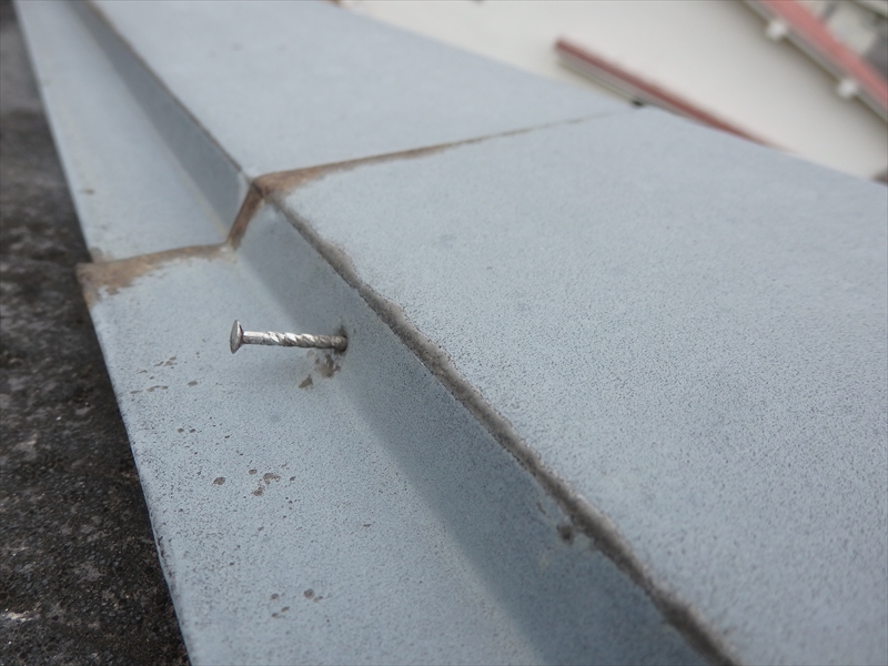 屋根の板金部分は劣化で錆が見え始めて、釘が抜けかかっています。