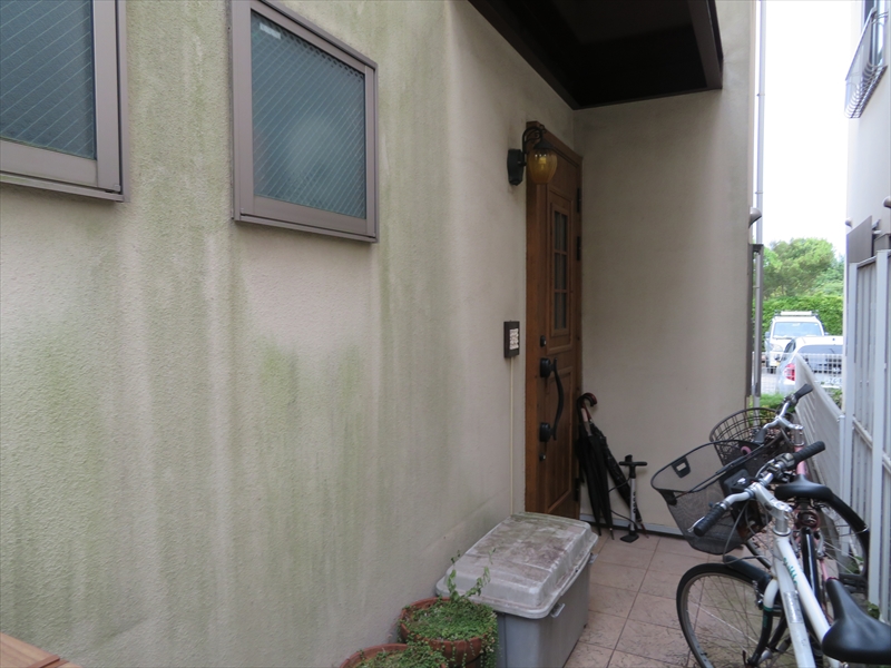 日当たりの悪い外壁部分には、緑の苔汚れがついていました。