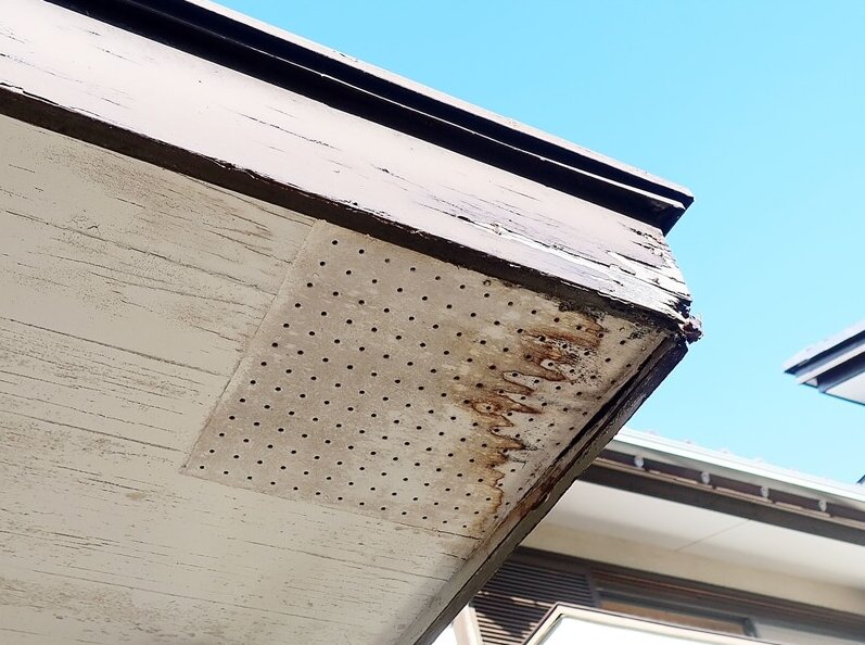 玄関屋根の天井部分は雨漏りによって水が漏れ、腐り始めています。